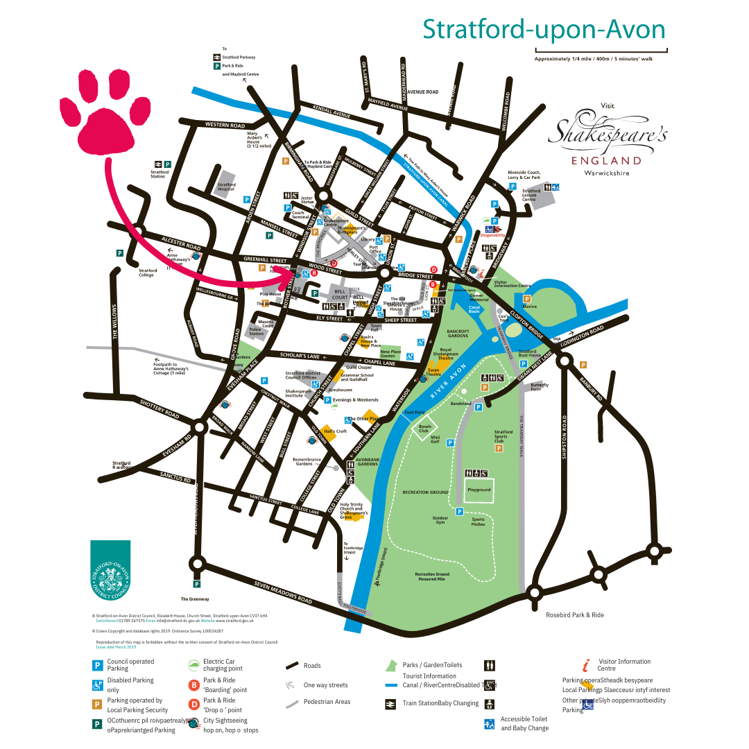 Stratford upon Avon map, showing the location of Shakespeare's Birthplace and Rother Street Market